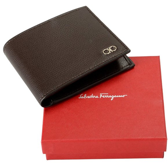 Salvatore Ferragamo Men's Chocolate Brown Pebbled Leather Bifold Wallet - Picture 1 of 6